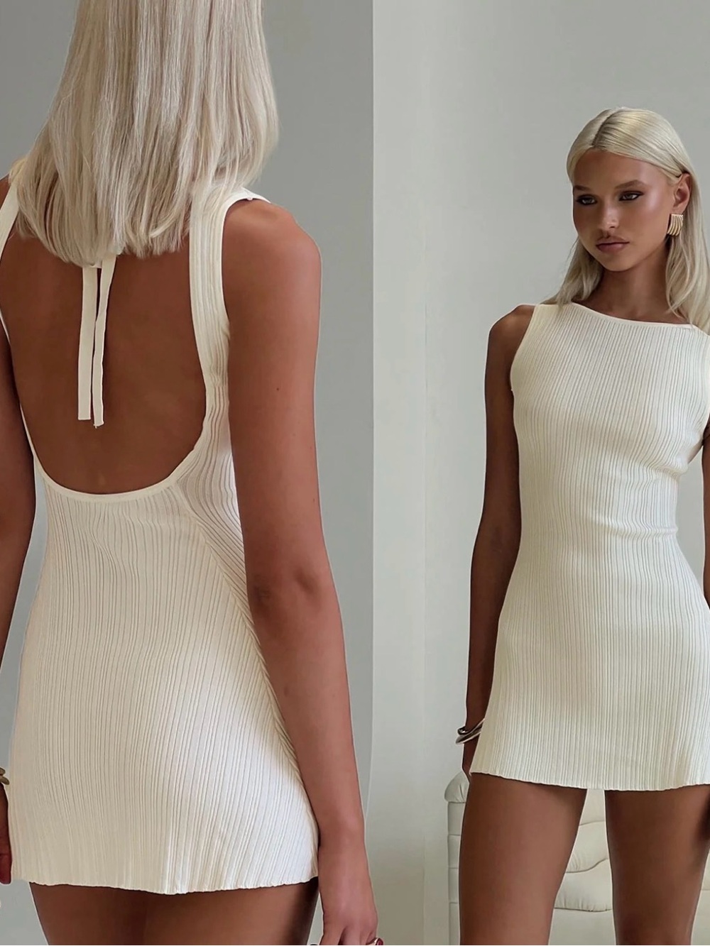 Princess Polly Ribbed Back-Tie Mini Dress in Cream